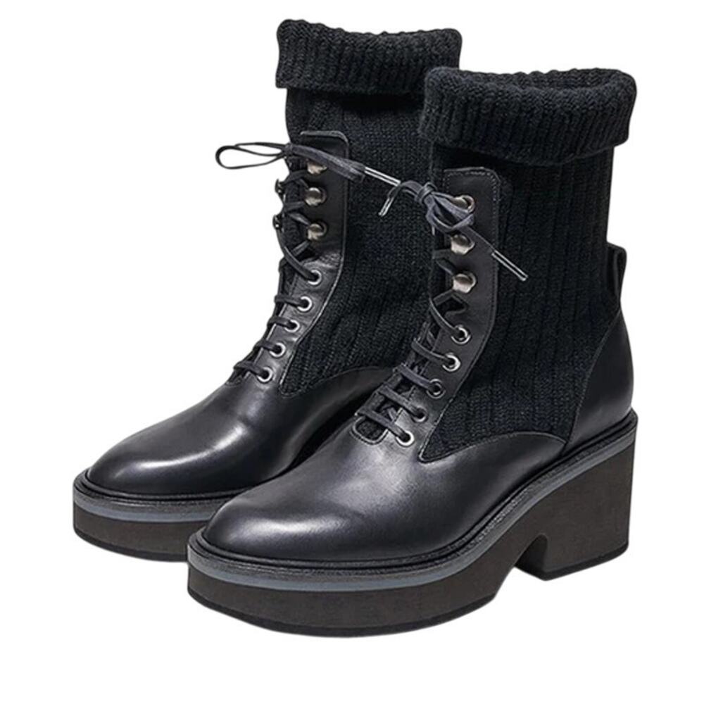 Robert Clergerie Womens Ancel Boots Size 10 EU 40 Black Calfskin Knit Combat NIB